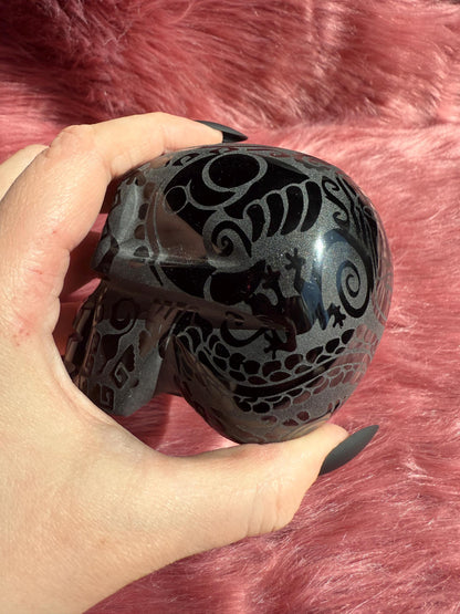 Stunning Etched Obsidian Skull from Mexico - B