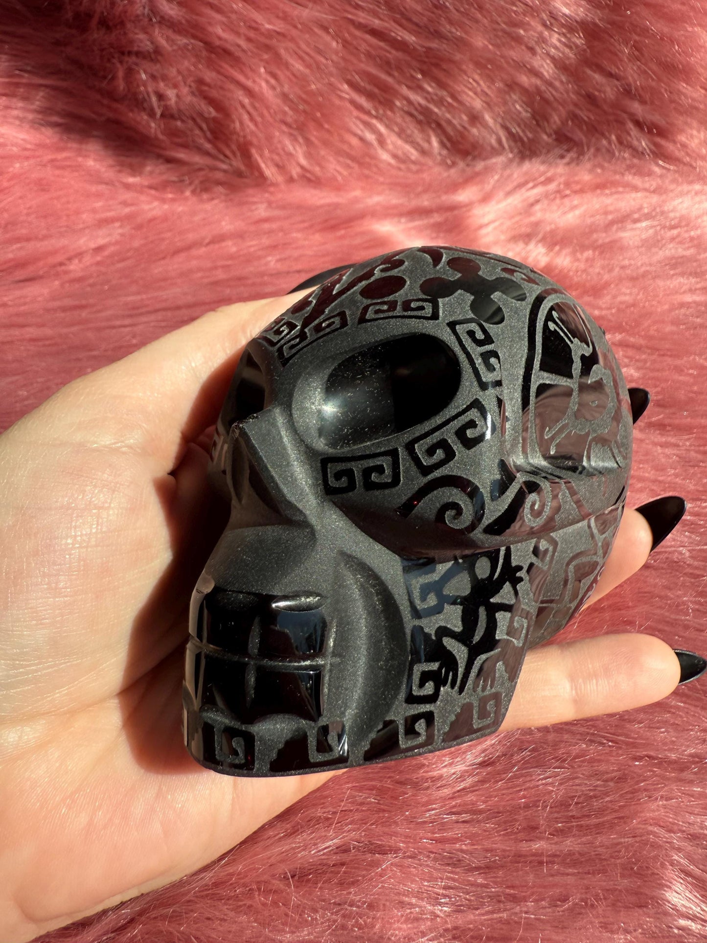 Stunning Etched Obsidian Skull from Mexico
