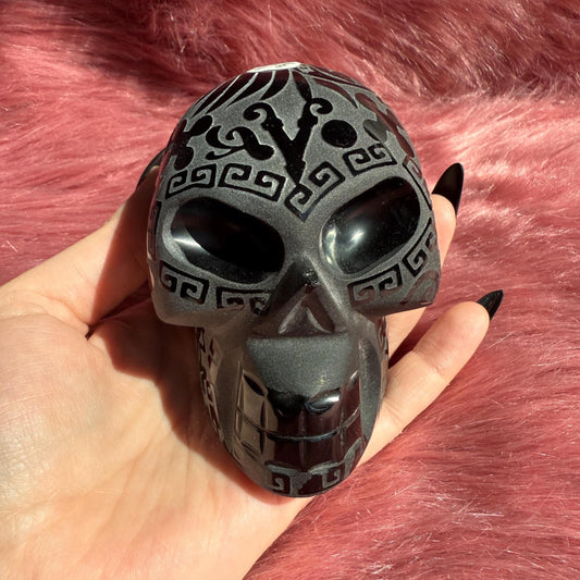 Stunning Etched Obsidian Skull from Mexico