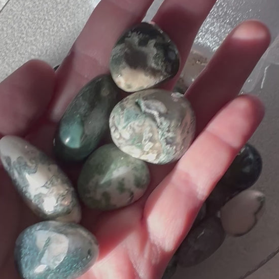 Stunning Moss Agate Crystal Tumbles in natural sunlight