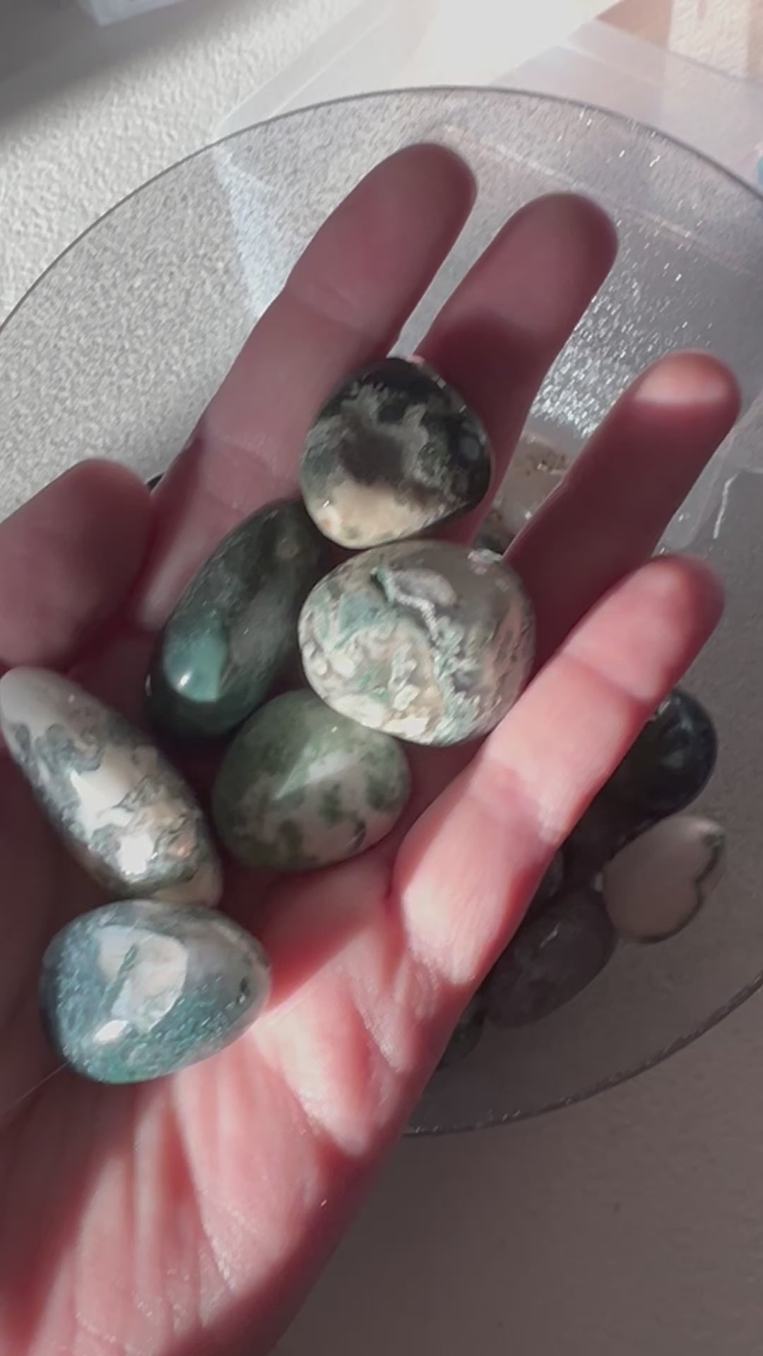 Stunning Moss Agate Crystal Tumbles in natural sunlight