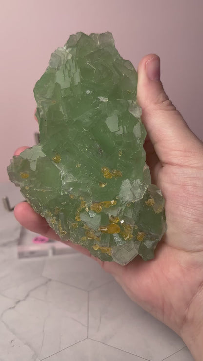 ONE (1) Stunning Large Green Fluorite with Barite, includes Display Stand