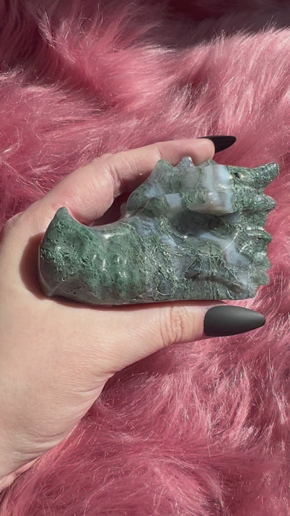 Stunning High Quality Moss Agate Dragon Skull - H