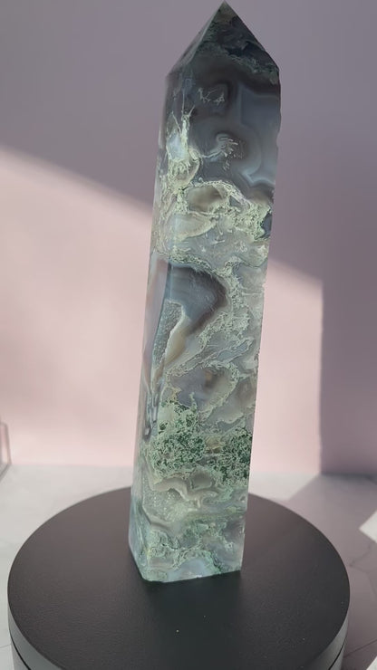 Stunning Druzy Moss Agate Tower - E