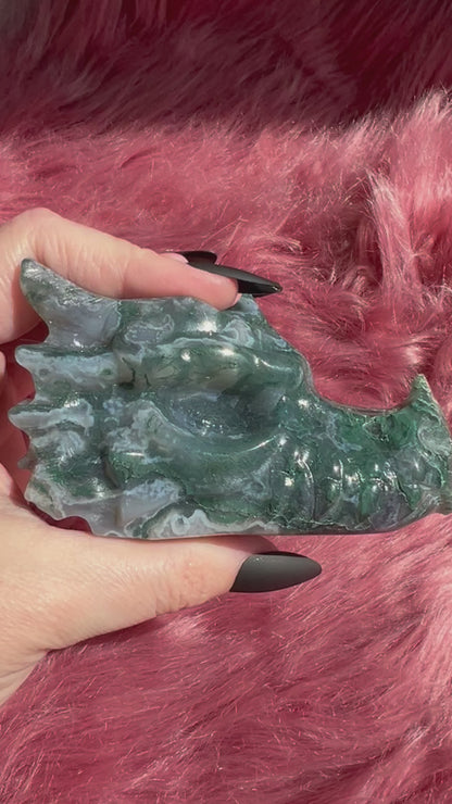 Stunning High Quality Moss Agate Dragon Skull - E