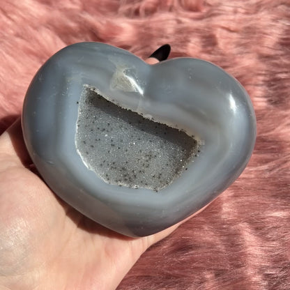 Stunning Extra Large Half Raw Agate with Druzy Heart Carving